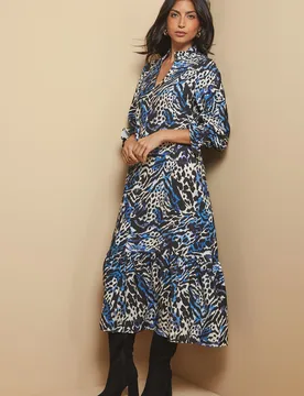 Womens Animal Tie Neck Midaxi Dress - Teal Viscose - Size 10 Uk - Wallis - FashionsVida