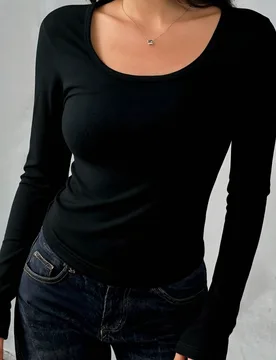 Suéter de punto elástico de cuello redondo negro de corte ajustado - Top básico de capas para mujer, adecuado para el hogar, moda casual, uso diari - Shein - FashionsVida