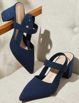 Bombas con puntera en punta de tacón ancho cómodo de tela elástica azul marino de moda para mujer - Shein - FashionsVida