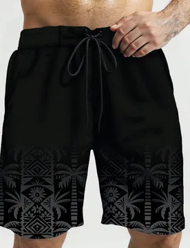 Pantalones cortos de playa de moda para hombre de talla grande con estampado de palmeras y cordón en la cintura, para vacaciones - Shein - FashionsVida