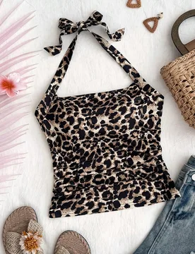 Top de tirantes halter con espalda descubierta y pliegues con estampado de leopardo para adolescentes, adecuado para el verano, versátil para uso dia - Shein - FashionsVida