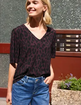 Street One Kurzarm Bluse mit V-Neck und Leo-Print female Lila