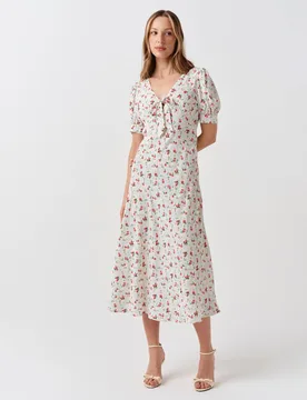 Crepe Floral V-Neck Midi Tea Dress Ivory Mix female - GHOST - FashionsVida