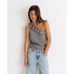 Camiseta de mujer asimétrica de volantes con tachas