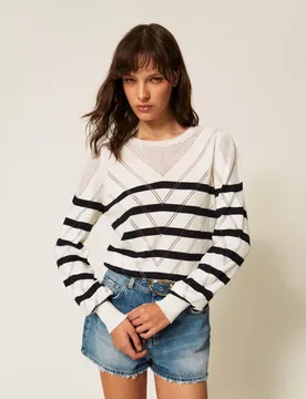 Pull ras-du-cou en coton et cachemire avec rayures - TWINSET - FashionsVida