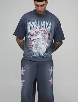 Herren Großes Übergroßes Kastenförmiges Grafisches Stern Limitierte Auflage Oberteil Und Jeans Hosen-Shorts Set Washed Charcoal Größe Small - boohooMAN - FashionsVida