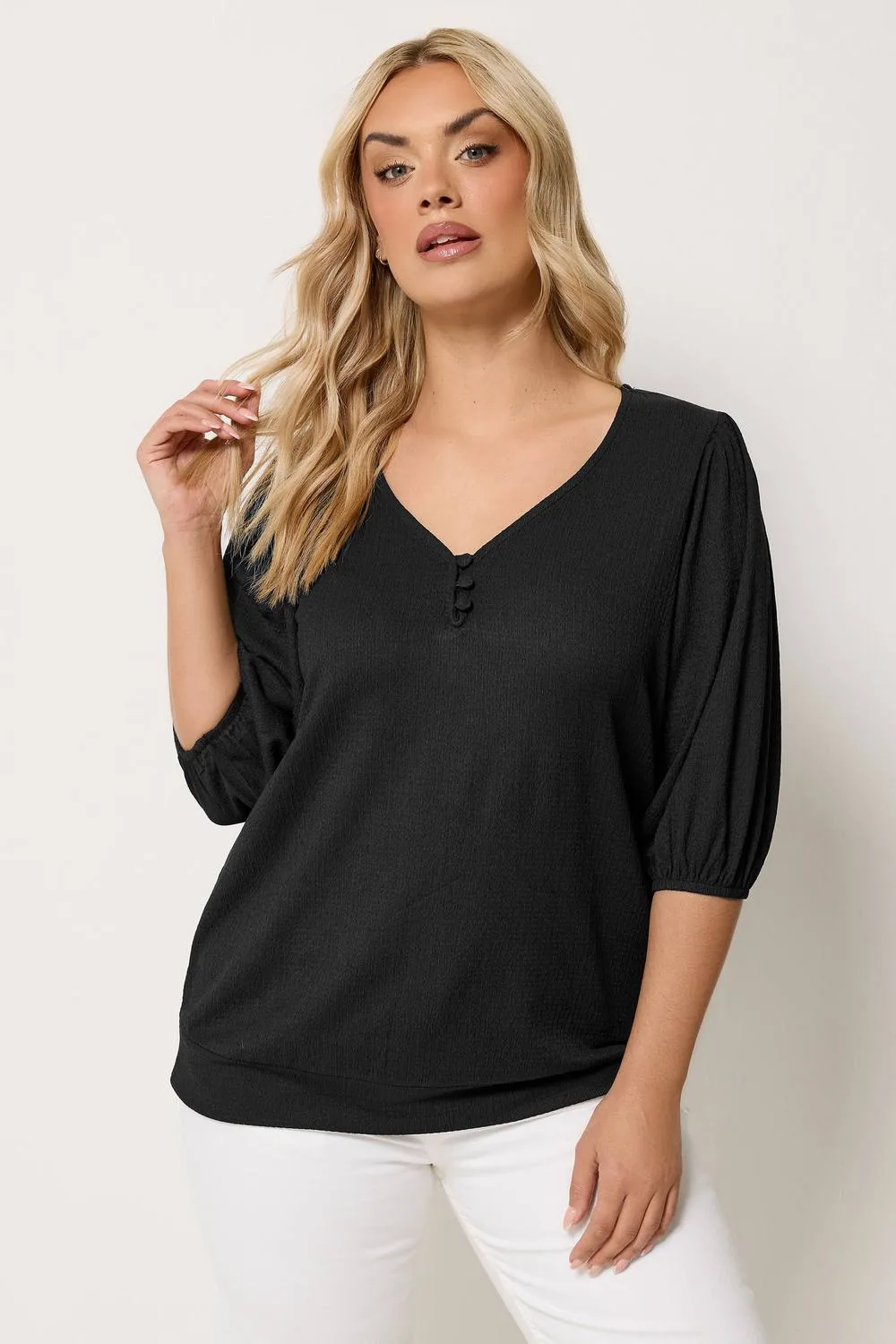 Puff Sleeve Top - Black - Size: 30-32 - Yours - FashionsVida