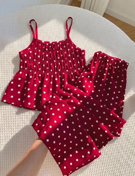 Conjunto de 2 piezas para niña joven con top de tirantes de lunares tejidos y pantalones largos - Shein - FashionsVida