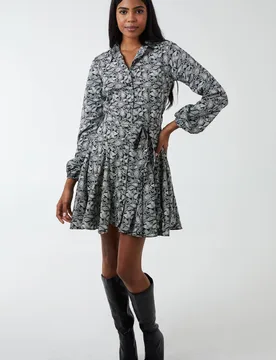 Women's Shirt Mini Dress With Godet Hem & Tie in Black Size: 10 - Black - Size: 10 - Blue Vanilla - FashionsVida