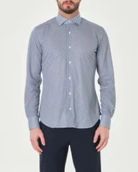Camicia bianca con micro fantasia blu in tessuto tecnico stretch