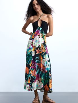 Robe longue tropicale, , Viscose, Noir, XS