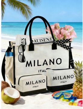Este conjunto de bolsos de mujer con temática de playa presenta un diseño de logotipo artístico "Milano Italy", que incluye una bolsa de gran capac