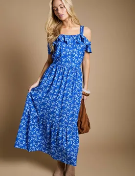 Women's Blue Floral Frill Neckline Button Front Tiered Midaxi Dress Size: 12 - Blue - Size: 12 - Dorothy perkins - FashionsVida