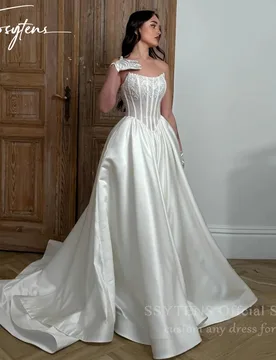 SSYTENS Charming A Line Wedding Dresses for Women Bride Satin Lace Strapless Pleat Robe De Mariée Personalized Customized 2026 - Aliexpress - FashionsVida