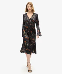 Superdry Damen Jacquard-midikleid mit Ausgestellten Ärmeln Schwarz - Größe: 38