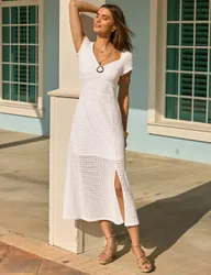 Broderie V-Neck Midi Waisted Dress White female