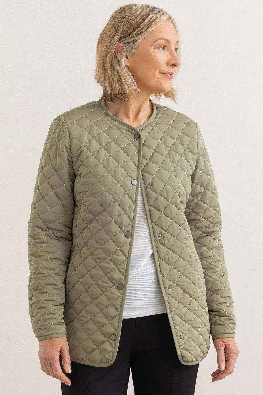 Quilted Collarless Jacket - Khaki - Size: 12 - Anna Rose - FashionsVida