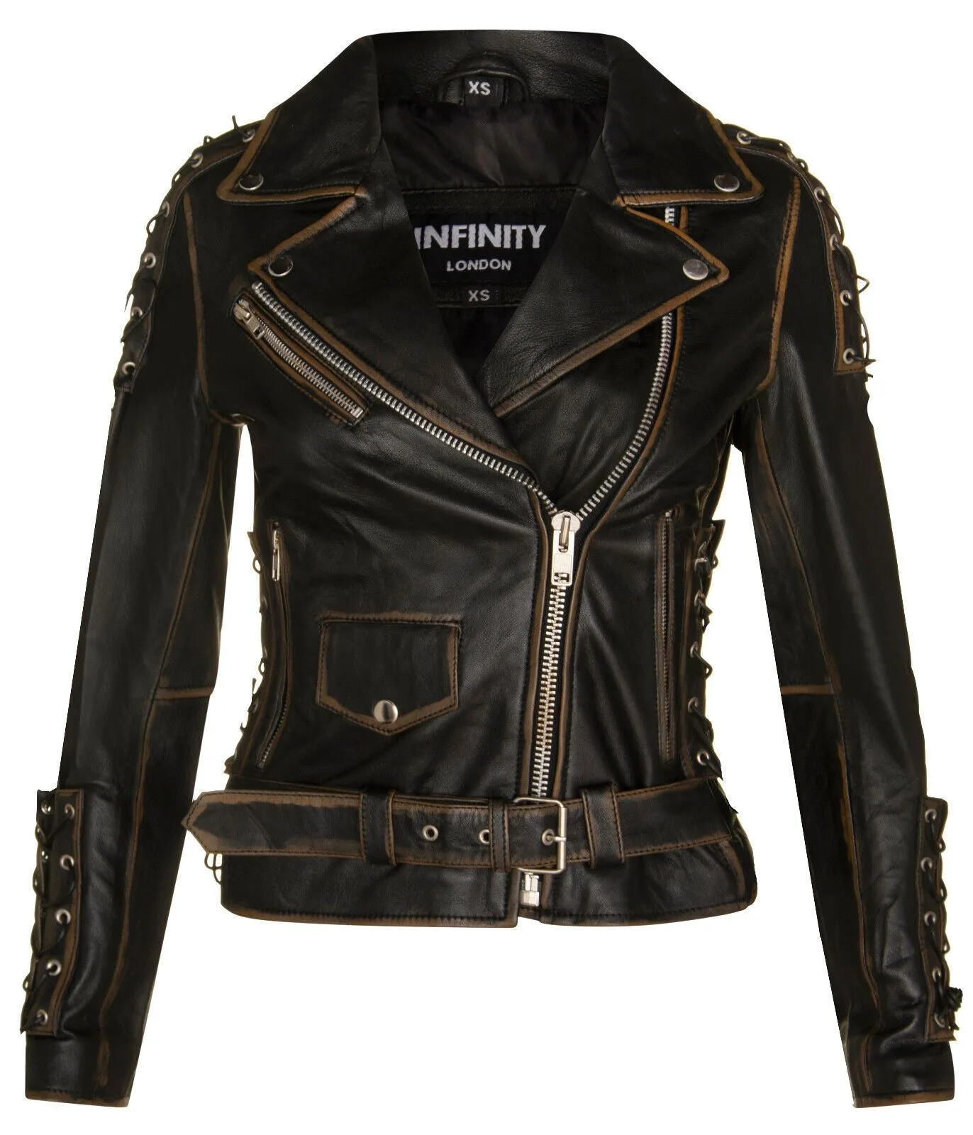 Womens Brando Black Biker Jacket-Bari - Size 22 Uk - Infinity Leather - FashionsVida