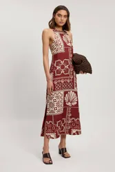 Petite Linen Viscose Tile Print Woven Midi Dress - Brown - Size: 8