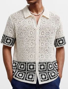 Classic Black White Hollow Out Knit Polo Tops Men Summer Crochet Short Sleeve Polo Shirts Men's Casual Loose Button Cardigan Top - Aliexpress - FashionsVida