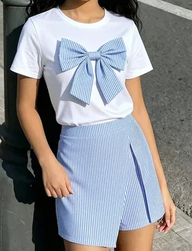 Camiseta de manga corta para niñas preadolescentes + Falda pantalón asimétrica, estilo fresco y dulce, decoración de lazo grande 3D en la parte de - Shein - FashionsVida