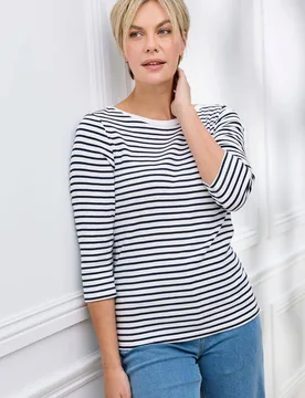 Women's Wrinkle Free 3/4 Sleeve Boat Neck Stripe Top in Ivory Size: 16 - Ivory - Size: 16 - Cotton Traders - FashionsVida