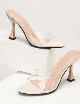 Zapatos de mujer con tacón fino de TPU transparente, punta redonda, sandalias de tacón alto de satén color albaricoque, para compras, fiestas, Día - Shein - FashionsVida