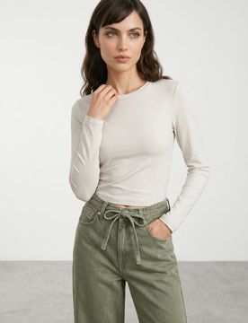 Maglietta slim fit in cotone a maniche lunghe - nude