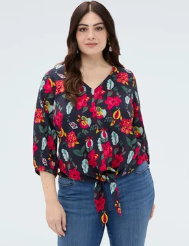 Blusa de mujer estampado floral en viscosa con nudo para una sensación agradable en la piel - Fiorella Rubino - FashionsVida