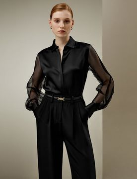 Camicia Seta Eterea Nera XL - Maniche Trasparenti Eleganti per Donna