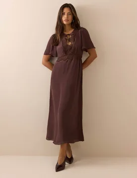 Tie Neck Midi Waisted Dress Brown female - Nobody's Child - FashionsVida