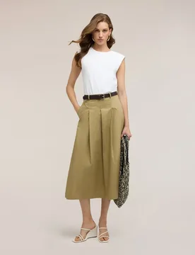 Vestido midi con cinturón y falda de popelín top sin mangas cinturón en la cintura con hebilla metálica - Motivi - FashionsVida