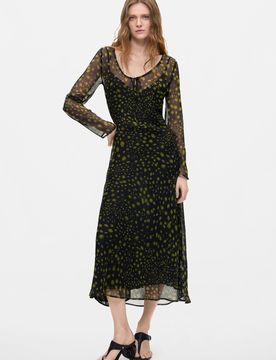 Vestido Manga Larga Midi, Mujer, Poliester, Negro, XS