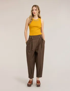 Pantalones de mujer de popelín con cordones en la cintura cintura alta con cierre ajustable con cordones - Motivi - FashionsVida