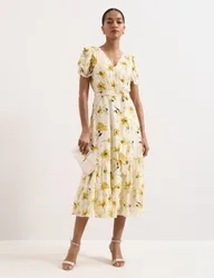 Floral V-Neck Tie Waist Midi Tiered Dress Yellow Mix female