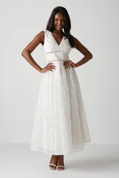 V Neck Full Skirted Embroidered Wedding Dress - Ivory - Size: 8