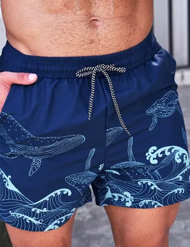 Bañador de hombre con estampado de olas y cintura con cordón, pantalones cortos de playa, hawaiano, vacaciones - Shein - FashionsVida
