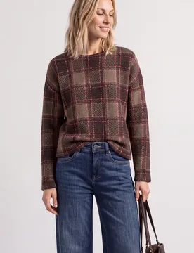 Langarm Shirt mit Rundhals und Karomuster female Beige - Street One - FashionsVida