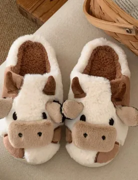 Pantuflas de invierno para hombre talla grande con estampado de vaca, forro térmico, estilo de pareja, antideslizantes, cálidas, de felpa, para casa - Shein - FashionsVida