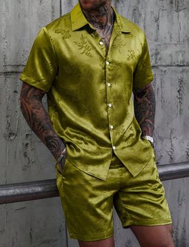 Conjunto de camisa de manga corta con botones delanteros, hombros regulares y unicolor para hombre