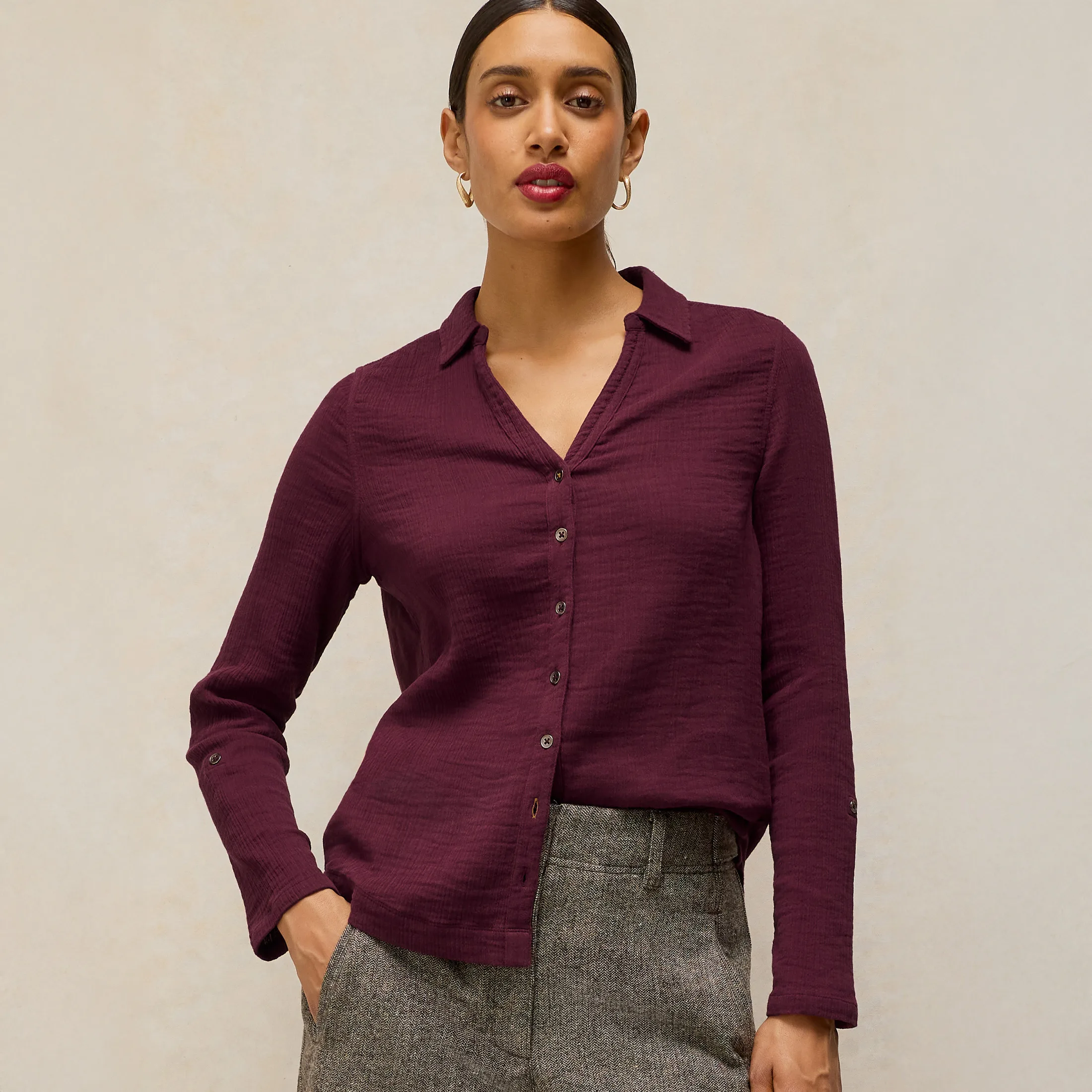 Annie Organic Double Cloth Shirt - Dark Plum - White stuff - FashionsVida