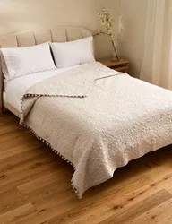 Cotton with Linen Embroidered Bedspread Light Grey
