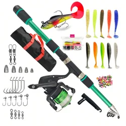 Pcs Juego de Caña y Carrete de Pesca para Principiantes, Juego de Caña de Pesca Telescópica, Incluye Señuelos, Anzuelos, Línea de Pesca, Bolsa de