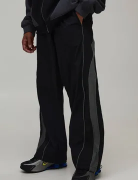 Men's Elasticated Waist Piping Detail Parachute Track Pants Black Size Large Black L - boohooMAN - FashionsVida