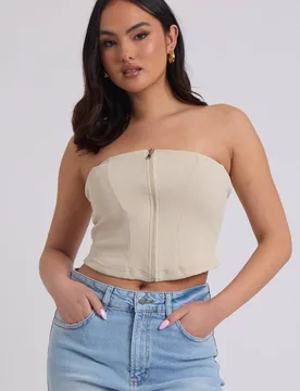 Women's Rib Zip Up Corset Top in Cream Size: 8 - Cream - Size: 8 - Urban Bliss - FashionsVida