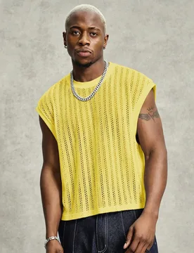 Camiseta sin mangas de cuello redondo de unicolor con diseño calado, corte holgado casual para hombre, para vacaciones - Shein - FashionsVida