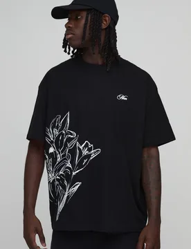 Men's Oversized Floral Line Drawn Print T-Shirt Black Size X-Large Black XL - boohooMAN - FashionsVida