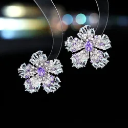 Purple Flower Stud Earrings for Women Cute Shiny Zircon Jewelry