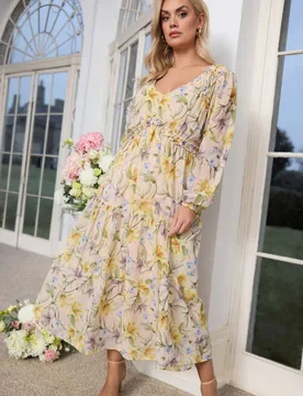 Floral Long Sleeve Maxi Dress - Multicolor - Size: 26-28 - Yours - FashionsVida