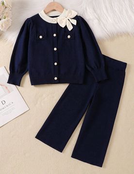 Conjunto de suéter y pantalones para niñas, suéter de punto con volantes y moño 3D, cárdigan holgado y versátil + pantalones, conjunto de suéte